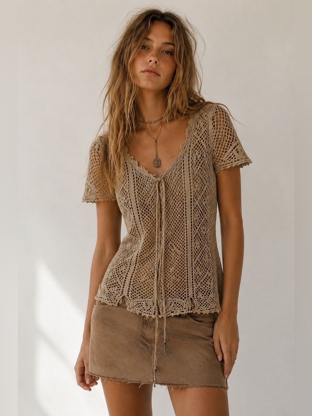 V Cristina Beige Crochet Tie-Front Short Sleeve Top